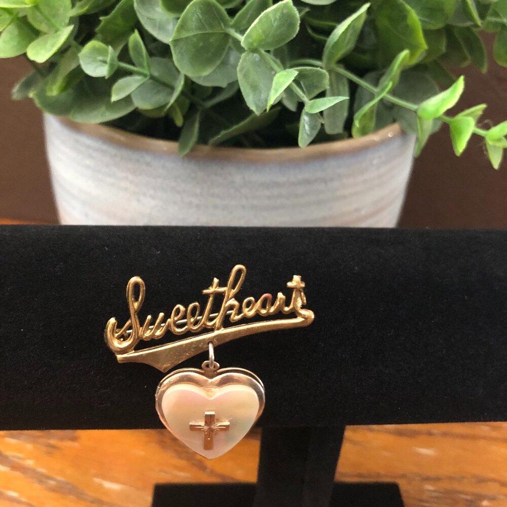 Vintage Sweetheart Locket Cross Pink Brooch Pin